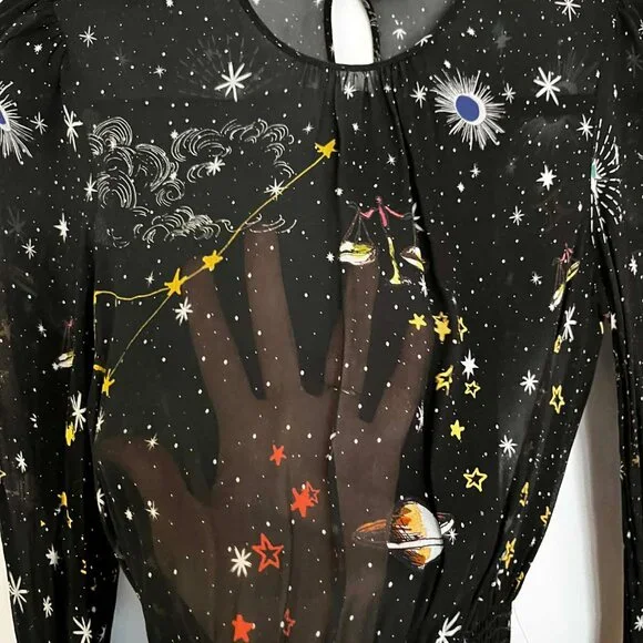 Zara Constalation zodiac galaxy astrology star print chiffon black midi dress - Picture 5 of 8